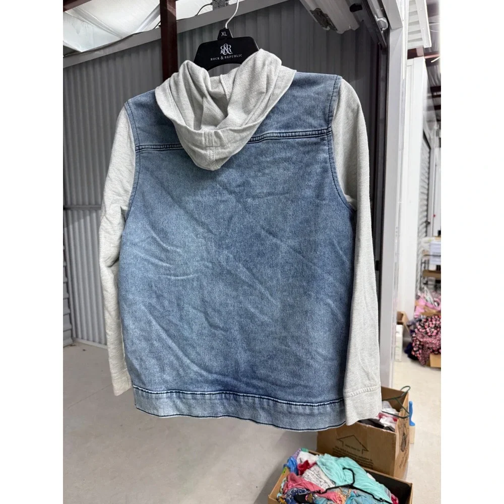 Art Class Boys XL 14 Denim Jacket Hoodie Blue Medium Wash Grey Knit Sleeves